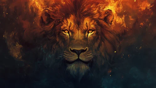 Lion of burning dusk gazing through swirling embers.