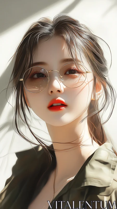 Young woman with glasses in soft directional daylight.