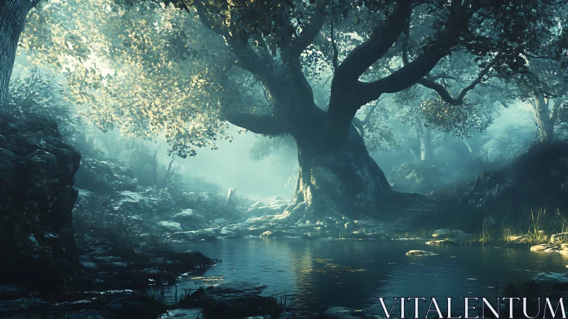 Ancient Forest Grove with Luminous Water Body.