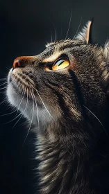 Tabby Cat Portrait with Striking Amber Eyes Against Dark Background.