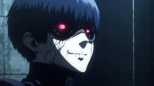 Monochrome masked figure with glowing red eyes in high-contrast anime