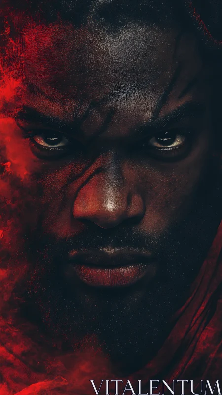Intense warrior portrait shrouded in red digital smoke.