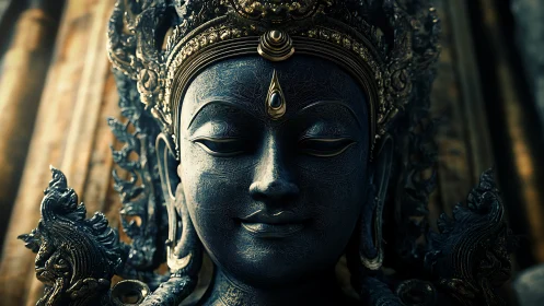 Ornate dark metal deity statue with detailed headdress.