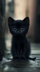Black feline kitten with luminous eyes in urban setting.