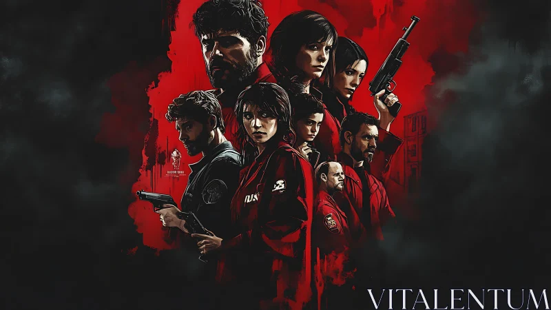 Heist crew in crimson coats framed by swirling shadows.