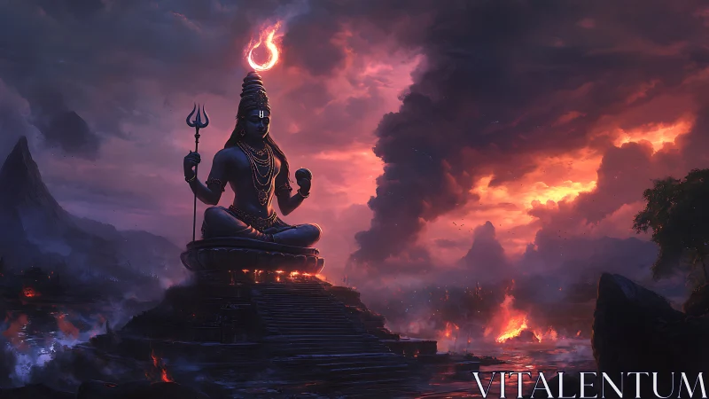 Monumental seated deity against volcanic twilight sky.