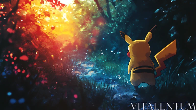 Pikachu wandering through a glowing, enchanted forest path.