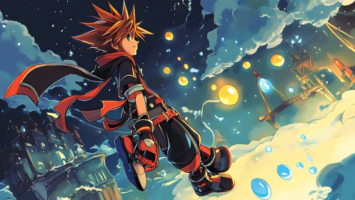 Skybound anime hero strides through glowing dream city.