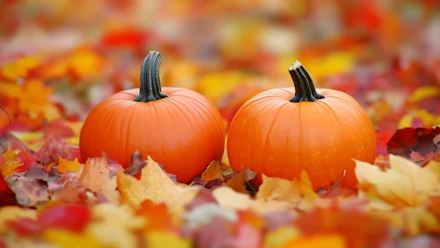 Autumn still life with twin pumpkins in shallow-focus field.