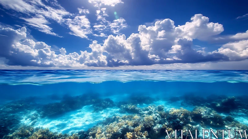 Two worlds of coral and clouds quietly trade blue secrets