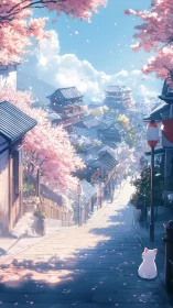 White cat on quiet cherry blossom street in spring.