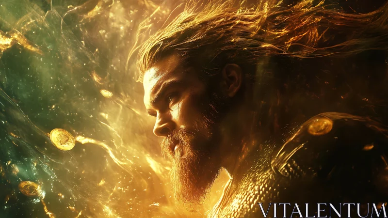 Mythic warrior headshot in molten cosmic turbulence field.