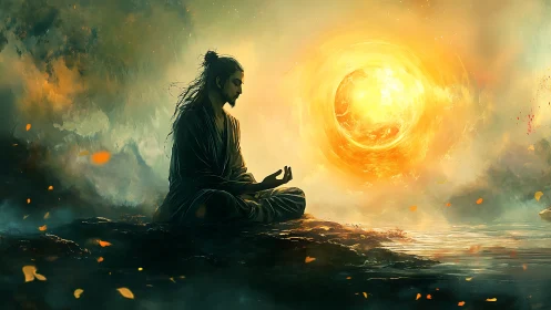 Seated figure meditating by water before luminous orb.