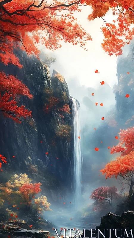 Vertical waterfall between cliffs with red autumn foliage.