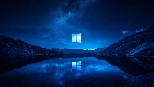 Midnight lake portal glows beneath a starry digital sky.