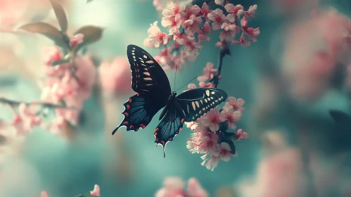 Black butterfly rests on soft-focus pink cherry blossoms.