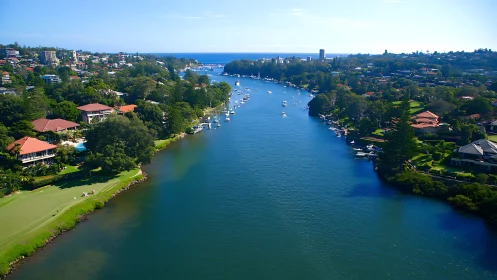 Sunlit riverside suburb glides calmly toward the open sea