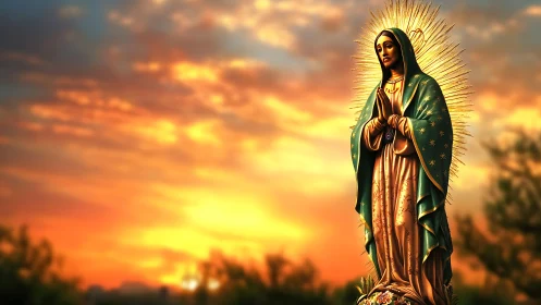 Sacred robed figure glowing before radiant sunset sky.