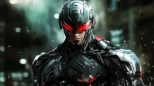 Neon-eyed urban cyborg sentinel in stormlit chrome armor.