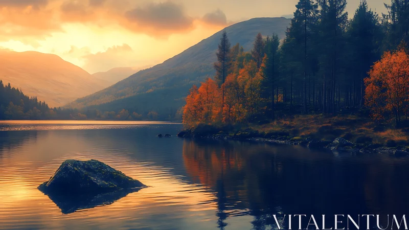 Autumn lake sunset with glowing mountains and forest reflections.