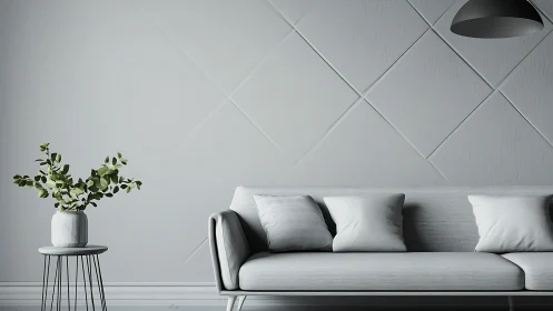 Monochrome minimalist sofa scene renders precise interior geometry
