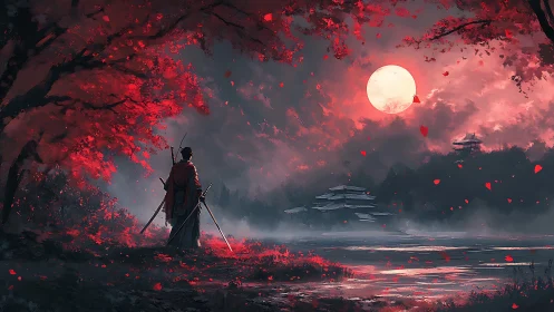 Lone samurai contemplates a crimson moonlit lakeside scene.