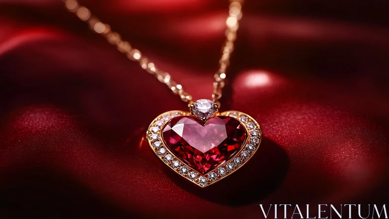 Macro shot of ruby heart pendant in rose gold halo setting