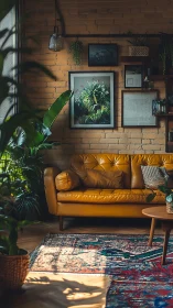 Midcentury sofa in plant filled living room interior.