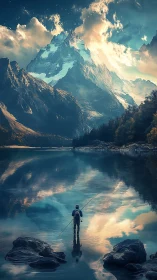 Vertical alpine lake vista with solitary angler composition.