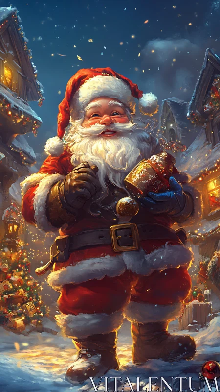 Joyful Santa Claus holding gift mug in snowy village