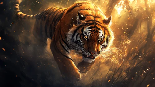 Predatory tiger charging through golden forest light.