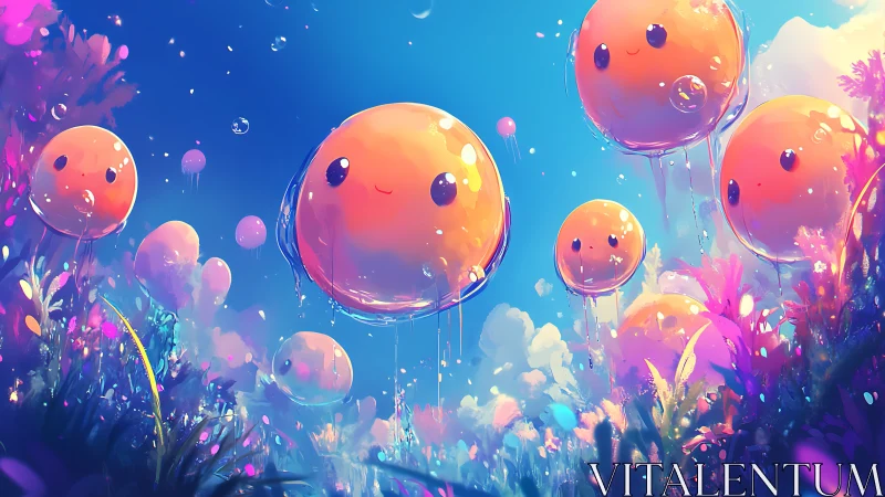 Spherical jellyfish balloons drift through neon bioluminescent reef