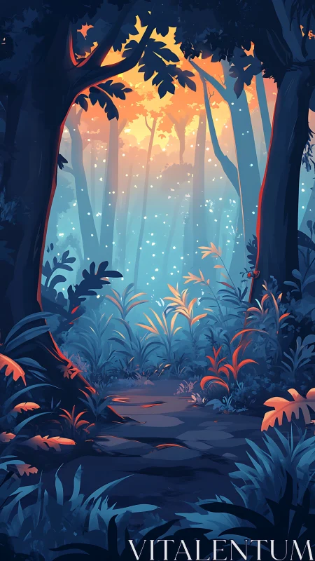 Enchanted Forest Pathway with Luminous Canopy at Dusk