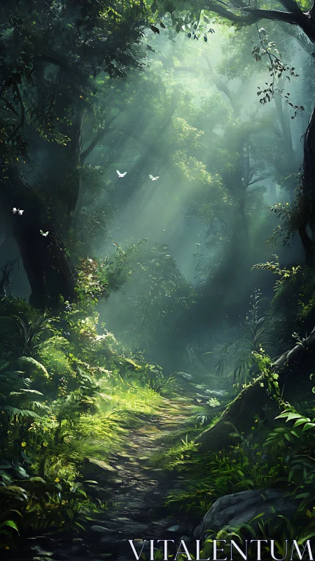 Mystical Forest Path Bathed in Ethereal Sunlight