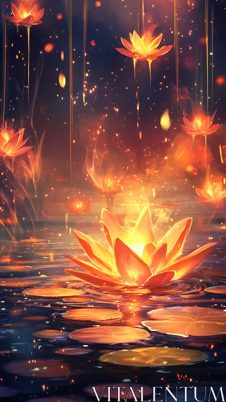Emberlily lagoon where floating fire petals quietly bloom.