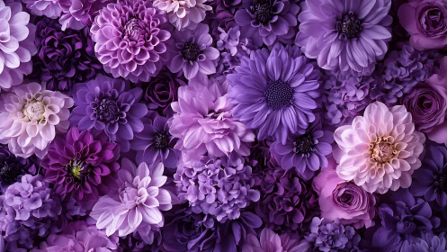 Dense Purple Floral Composition: Dahlia, Rose, and Gerbera Polychromatic Array.