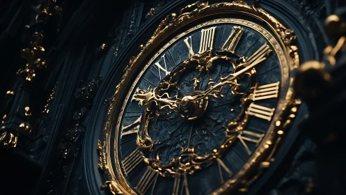 Ornate gilded clock face with Roman numerals in close view.