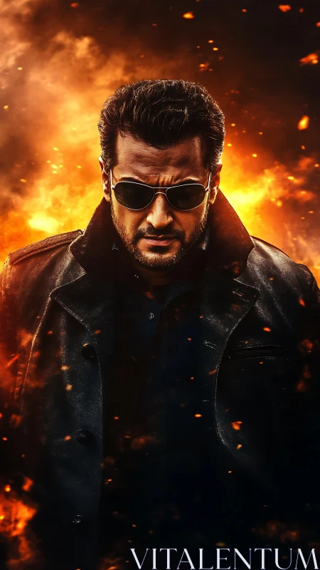 Man in black coat with sunglasses before intense fire glow.