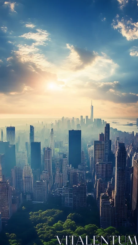 Sunlit skyline with dense city towers and park foreground.
