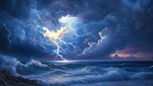 Electric stormlight dances above a restless ocean horizon
