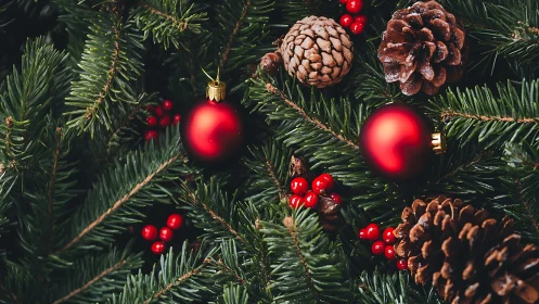 Red baubles, pinecones and berries on dense fir branches.