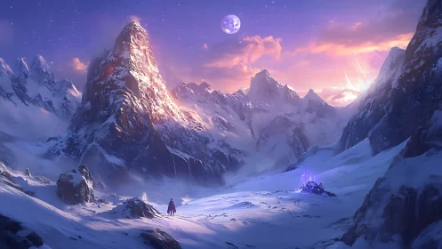 Moonlit wanderer crosses crystal-lit pass toward dawn