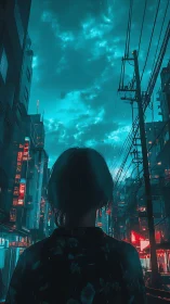 Neon-lit silhouette watches electric cyan city sky at night.