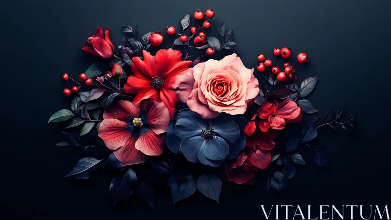 Floral Arrangement Against Dark Background Showcases Layered Bloom Composition