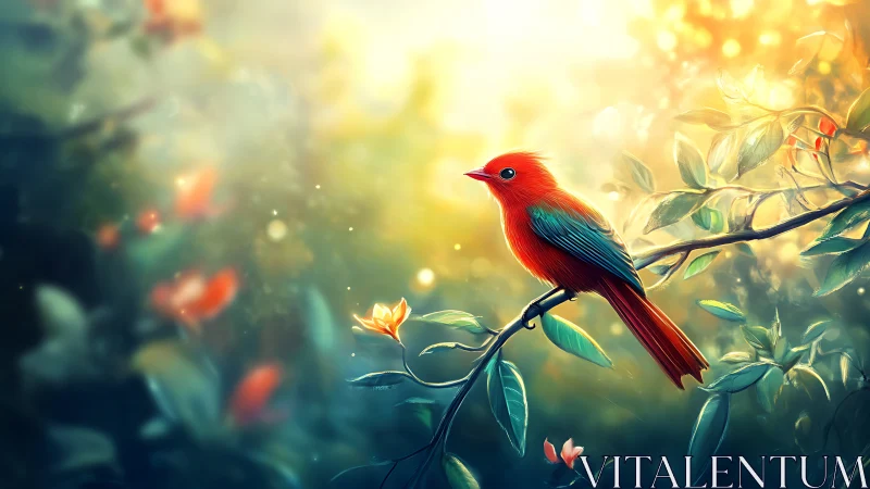 Vibrant red bird on branch in magical forest, digital painting style.