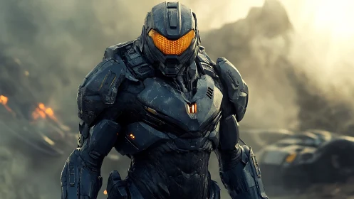 Battle-scarred exosuit sentinel strides through molten dusk.
