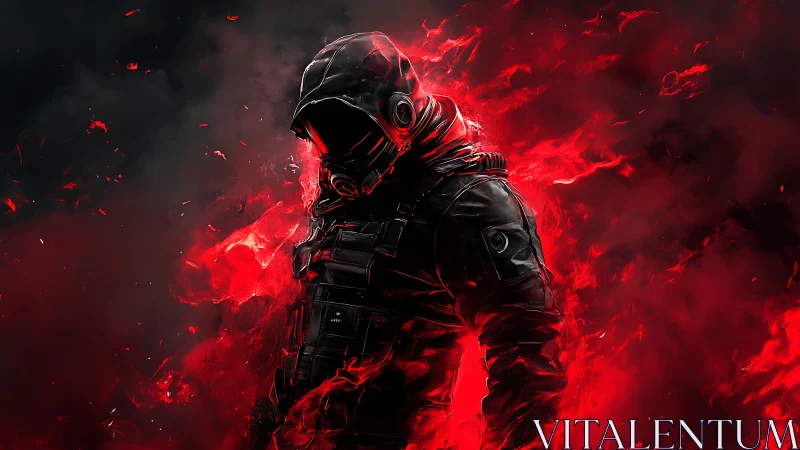 Mysterious armored wanderer glowing in fierce red flames.