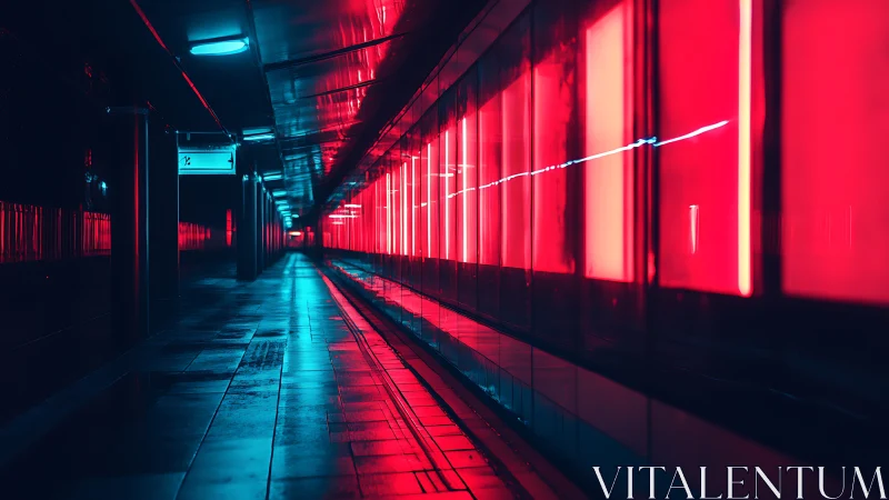 Neon metro corridor glows with red and cyan reflections.