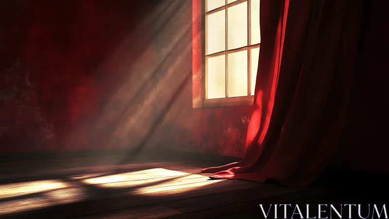 Sunlit red drapery spilling warmth across a quiet room.