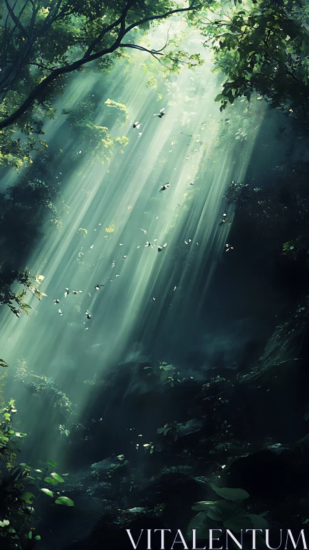 Sunlit jungle chasm with cascading emerald light beams.